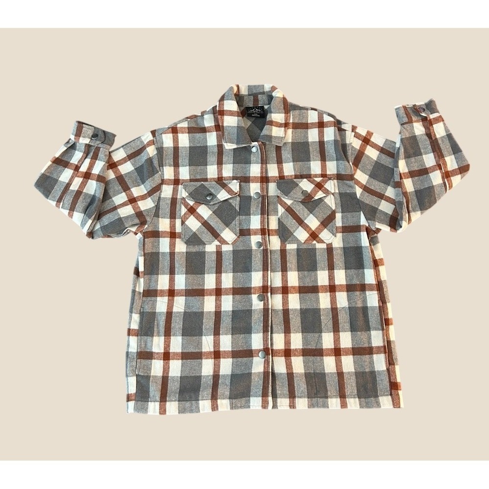 HFX Mens Plaid Shacket Grey Brown White Snap Front Shirt Jacket Size Medium 1388
